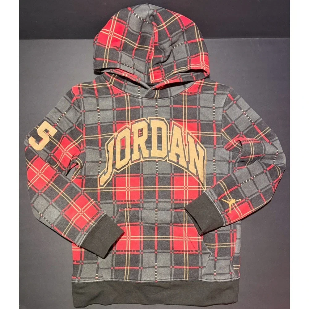 Air Jordan Hoodie Boys L (7) Large Red Essential Holiday Plaid‎ Sweatshirt